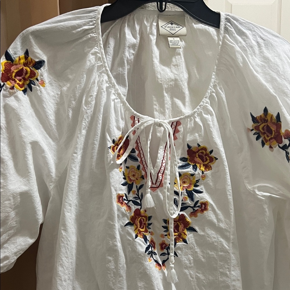 St. John's Bay White Embroidered Tie-Neck Peasant Top
